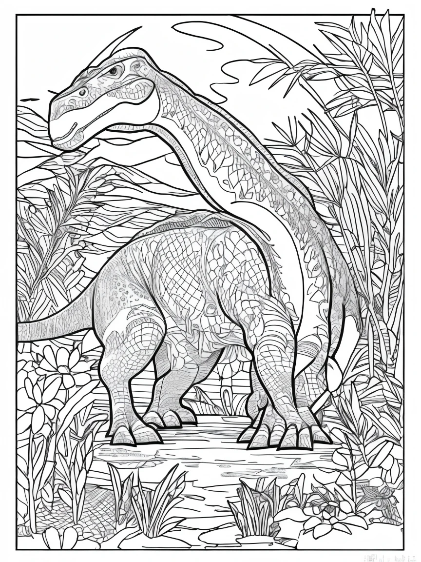[As a coloring book, white and black color, borders should be simple, clear, distinct, and thick lines], [By Cartoon Style of dinosaur], [Feature], [Place], [Flower] --ar 3:4 --s 150
