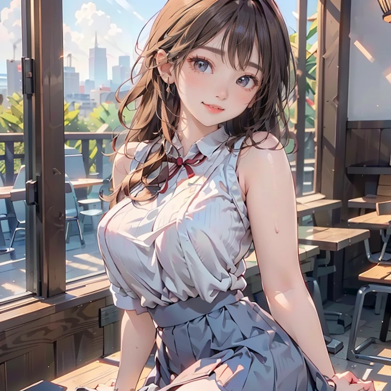 ((((highest quality)))), (((Ultra-precision CG 16K))), (((masterpiece))), (((Very detailed))), (((Extremely detailed))), (((Black outline:1.3, Written boundary depth:1.3 , Written soft outline))), Maximum clarity and sharpness,Multilayer Texture, Surface Shading, Cinematic lighting, Beautiful details sparkle ,Perfect Proportions, Limited to three woman, BREAK accurate, Anatomically correct, Highly detailed face and skin texture, drawn in detail, Highly detailed facial and skin texture, Detailed eyes, beautiful hair, Beautiful Japanese Idol face, Beautiful and beautiful eyes, Beautiful body, Beautiful breasts, Beautiful thighs, Beautiful legs, Beautiful fingers, (Beautiful views) , skinny body, ((Beautiful Skin)), ((Skin Texture)) , solo, limited one girl BREAK breast enlarged, medium Breasts, rocket breasts, (((perky breasts))), ((covered nipples)), slender waist, (smiling , narrow eyes, brown eyes, blush, determined expression, hot, sweaty , Heavy breathing,) BREAK ((streaked hair, hair intakes, colored inner hair, several hairstyles )) BREAK (((wearing oversized character printed tank top, wearing Jersey in a casual way, wearing pleats mini-skirt , breasts is covered by outfit))) , wearing earrings, BREAK (((portrait, close up, cowboy shot, looking at viewer, \(face waiting for kiss\):1.3))), ((put elbows on the desk , breast on table:1.3)) BREAK (sitting, a girl relaxing in a cafeteria:1.3, book and coffee cup on table, Inside a crowded cafe), from below 