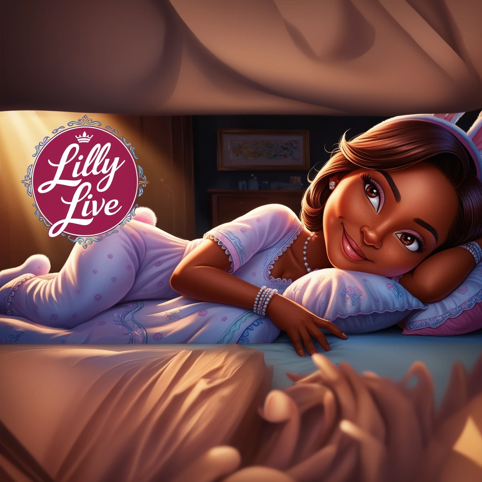 indian girl, bunny ears, sleeping in bed