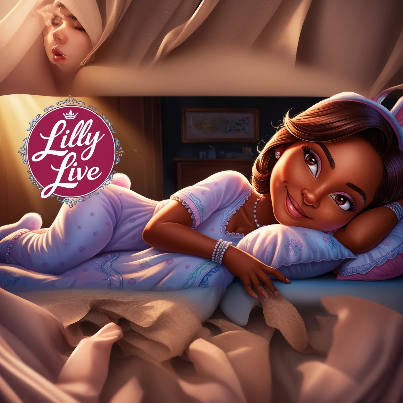 indian girl, bunny ears, sleeping in bed