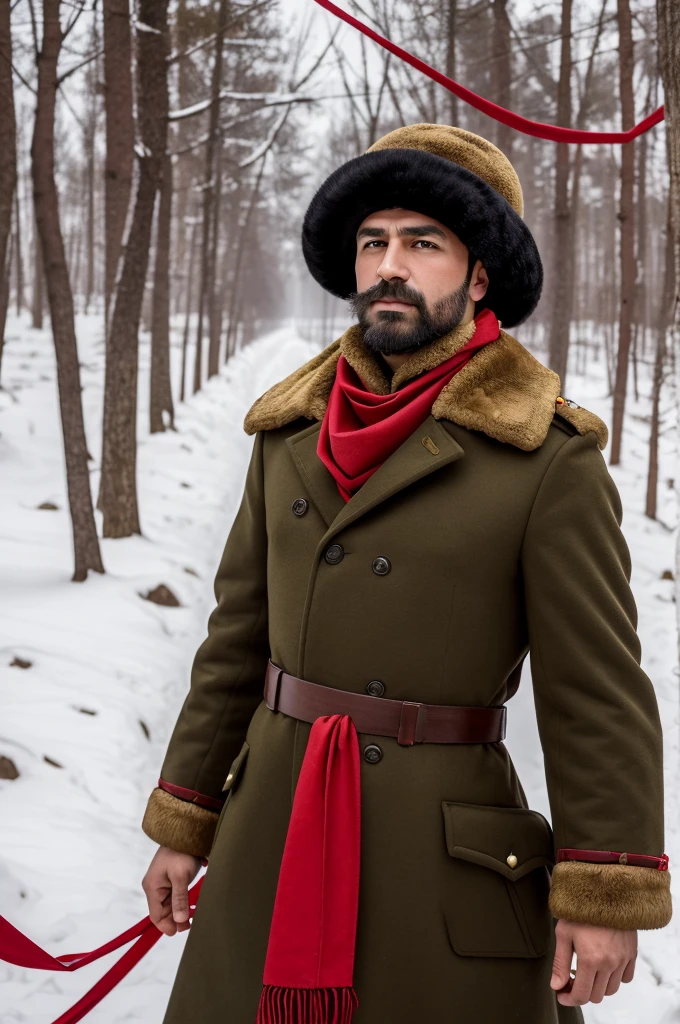 arafed man in a fur hat and a red ribbon, wearing russian ww 1 clothes, roman shipunov, he‘s wearing a red neckerchief, soviet military, vladimir krisetskiy, knyazev konstantin, inspired by Ilya Ostroukhov, inspired by Vladimir Borovikovsky, inspired by Pavel Fedotov