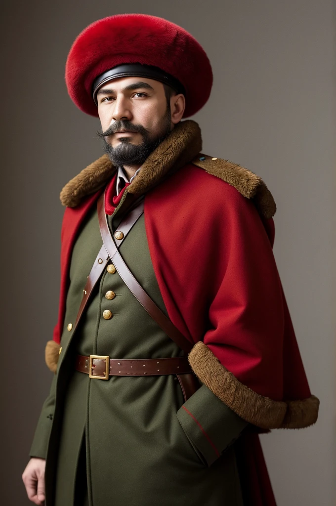 arafed man in a fur hat and a red ribbon, wearing russian ww 1 clothes, roman shipunov, he‘s wearing a red neckerchief, soviet military, vladimir krisetskiy, knyazev konstantin, inspired by Ilya Ostroukhov, inspired by Vladimir Borovikovsky, inspired by Pavel Fedotov