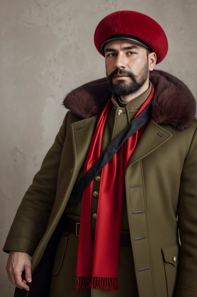 arafed man in a fur hat and a red ribbon, wearing russian ww 1 clothes, roman shipunov, he‘s wearing a red neckerchief, soviet military, vladimir krisetskiy, knyazev konstantin, inspired by Ilya Ostroukhov, inspired by Vladimir Borovikovsky, inspired by Pavel Fedotov