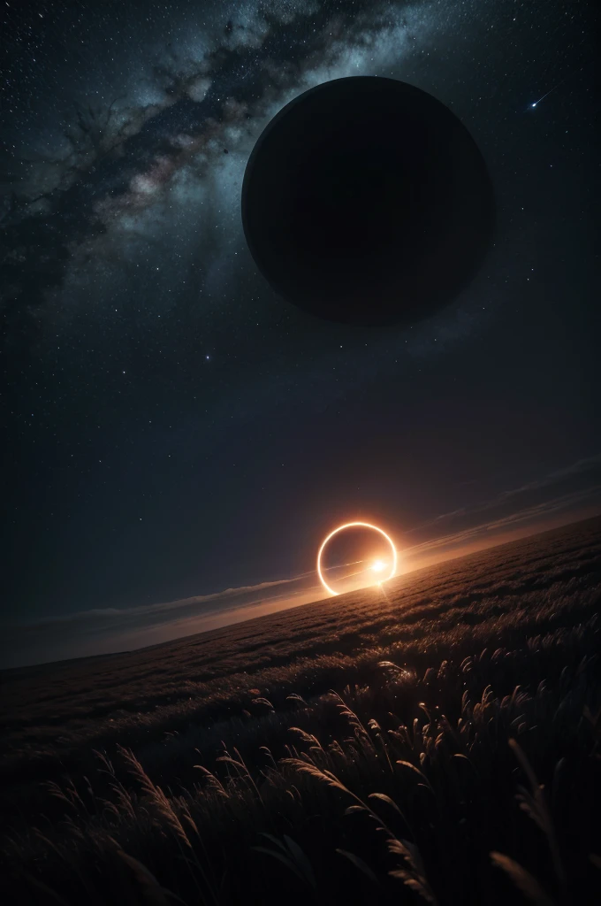 Give me a scene of a field with the sky having a black hole orbiting a star