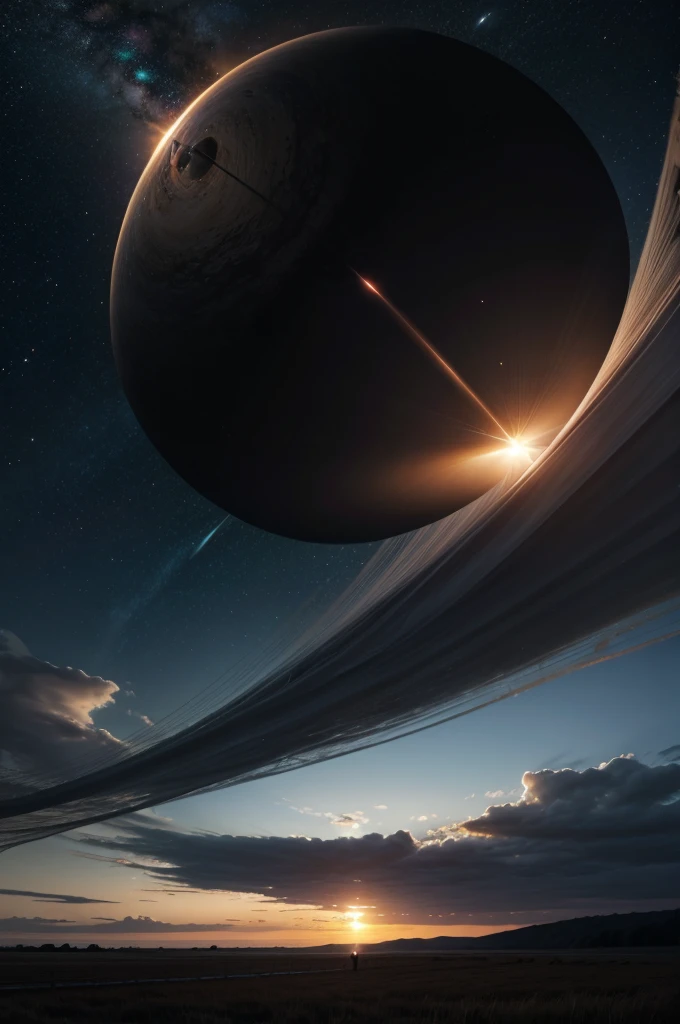 Give me a scene of a field with the sky having a black hole orbiting a star