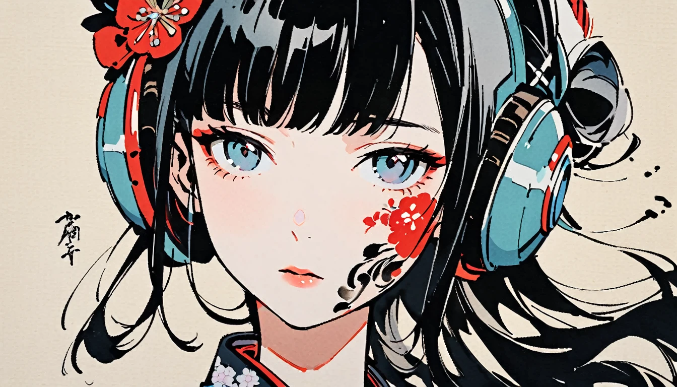 Ink Painting, (((1 girl))), (((Tattoo on face))), (((Gorgeous hair accessories))), Japanese style headphones, face close-up, Japanese beautiful girl, Black Hair, Delicate and precise, Modern ukiyo-e style