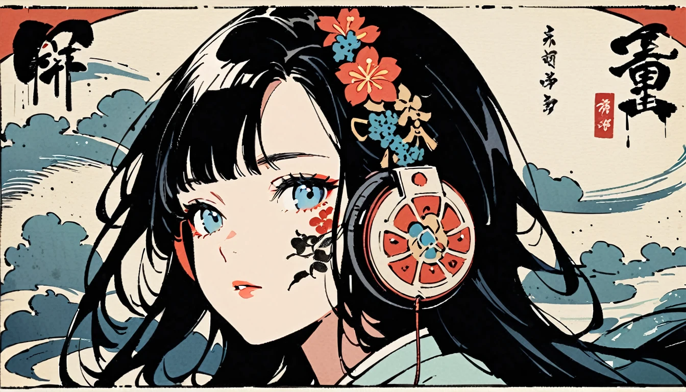 Ink Painting, (((1 girl))), (((Tattoo on face))), (((Gorgeous hair accessories))), Japanese style headphones, face close-up, Japanese beautiful girl, Black Hair, Delicate and precise, Modern ukiyo-e style
