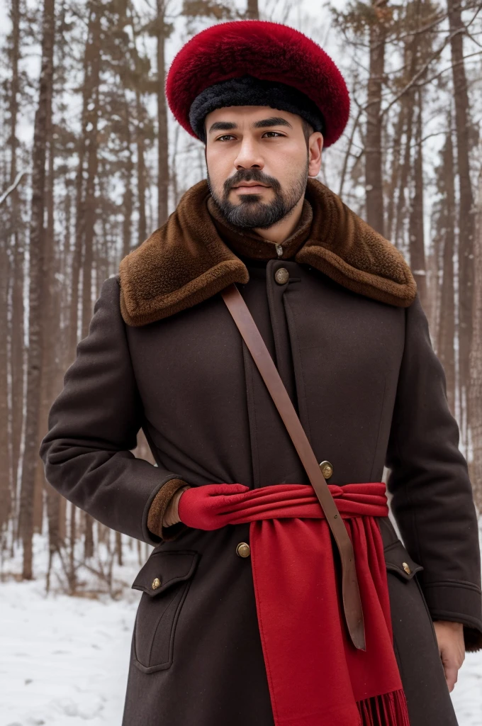 arafed man in a fur hat and a red ribbon, wearing russian ww 1 clothes, roman shipunov, he‘s wearing a red neckerchief, soviet military, vladimir krisetskiy, knyazev konstantin, inspired by Ilya Ostroukhov, inspired by Vladimir Borovikovsky, inspired by Pavel Fedotov