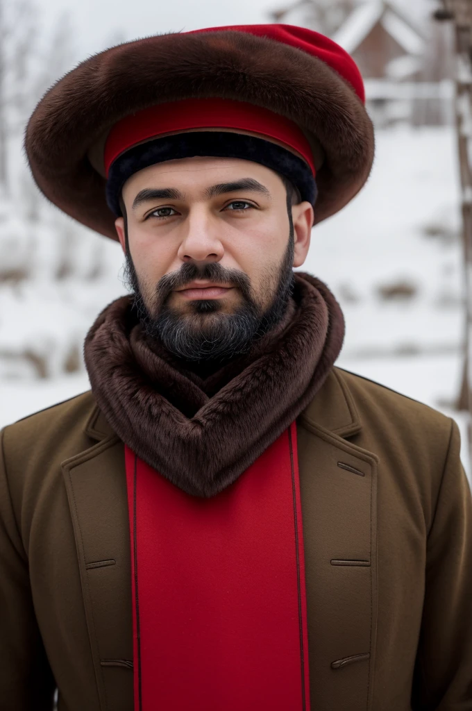 arafed man in a fur hat and a red ribbon, wearing russian ww 1 clothes, roman shipunov, he‘s wearing a red neckerchief, soviet military, vladimir krisetskiy, knyazev konstantin, inspired by Ilya Ostroukhov, inspired by Vladimir Borovikovsky, inspired by Pavel Fedotov