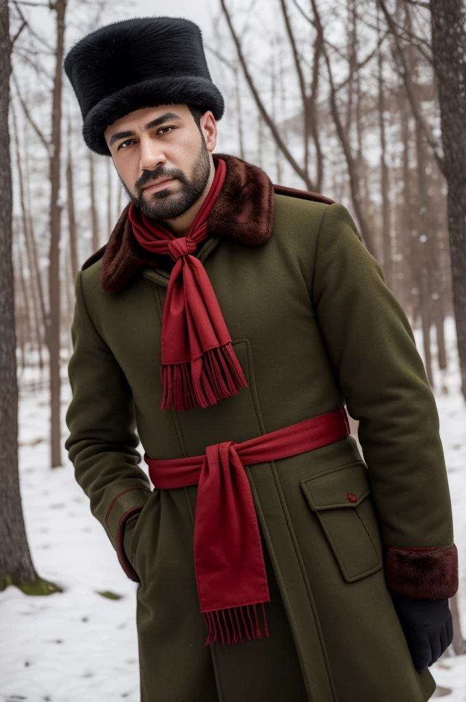 arafed man in a fur hat and a red ribbon, wearing russian ww 1 clothes, roman shipunov, he‘s wearing a red neckerchief, soviet military, vladimir krisetskiy, knyazev konstantin, inspired by Ilya Ostroukhov, inspired by Vladimir Borovikovsky, inspired by Pavel Fedotov