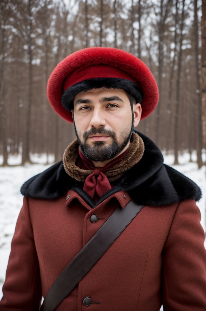 arafed man in a fur hat and a red ribbon, a colorized photo inspired by Ilya Ostroukhov, flickr, socialist realism, wearing russian ww 1 clothes, roman shipunov, he‘s wearing a red neckerchief, soviet military, vladimir krisetskiy, knyazev konstantin, vladimir motsar, russian ww 1