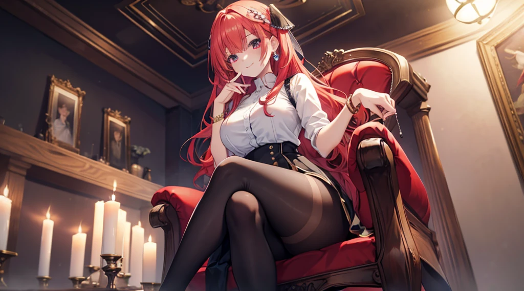 Highest quality, masterpiece, figure, wallpaper,One girl,White shirt, Light Hair, Beautiful detailed girl, Highly detailed eyes and face, Beautiful attention to detail, Shine,Browsing Caution, View your viewers, Chair, night, Black Pantyhose, Straight hair, Red Eyes, long hair,Light blue hair, thick_Thighs, Large Breasts, Red eyes,beautiful finger, clear background, deep night, sit、smile、Big earrings、bracelet、Gal、candle、Manicure