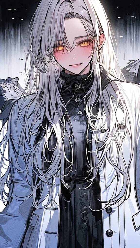 (Top resolution、Distinct_image)top-quality、A girl、masterpiece、highly detailed, half body, Semi-realistic、yellow eyes 、18year old, silver hairs ,young 、Exquisite facial features、Facial features ,variation potrait, long hairstyles, , age, cool , cold sharp eyes, An expression of despair., Torn clothes, destroyed clothes, damaged clothing, al lifeless eyes , {Very detailed 8k CG unit wallpaper}, Handsome girl, solo, female, mafia, black shirt, white pant, white coat,