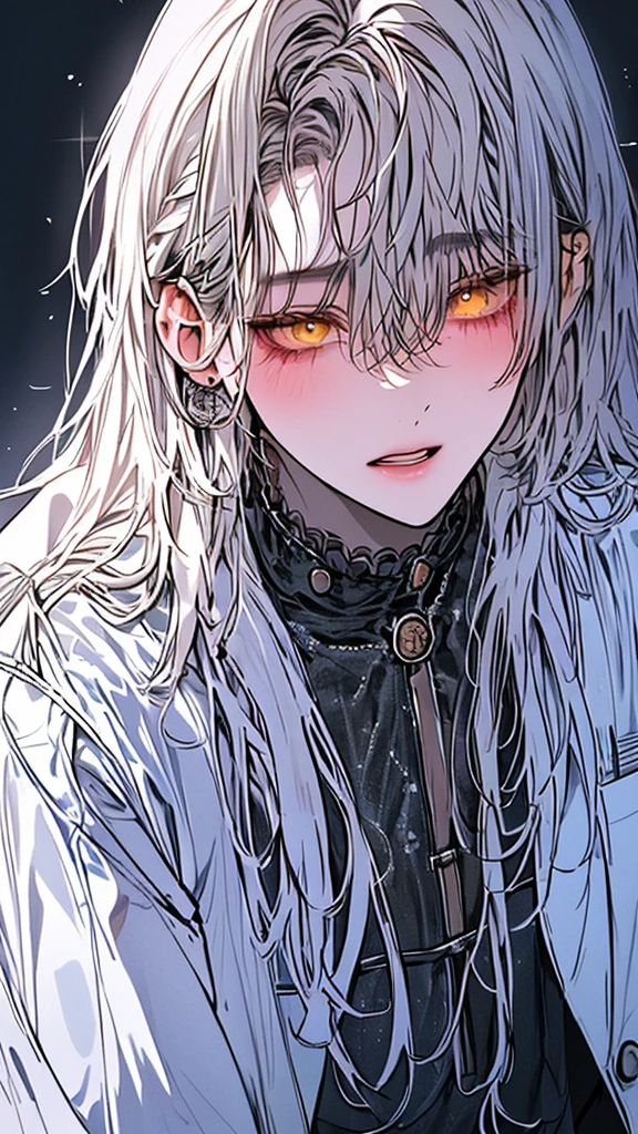 (Top resolution、Distinct_image)top-quality、A girl、masterpiece、highly detailed, half body, Semi-realistic、yellow eyes 、18year old, silver hairs ,young 、Exquisite features、Facialres ,variation potrait, lonhairstyles, , teenage, cool ,d sharp eyes, An expression of despair., Torn clothes, destroyed clothes, damaged clothing, al lifeless eyes , {Very detailed 8k CG unit wallpaper}, Handsome girl, solo, female, mafia, black shirt, white pant, white coat,