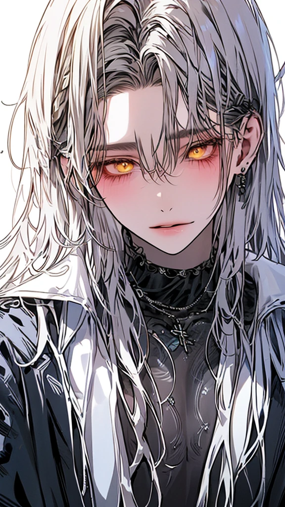 (Top resolution、Distinct_image)top-quality、A girl、masterpiece、highly detailed, half body, Semi-realistic、yellow eyes 、18year old, silver hairs ,young 、Exquisite facial features、Facial features ,variation potrait, long hairstyles, , teenage, cool , cold sharp eyes, An expression of despair., Torn clothes, destroyed clothes, damaged clothing, al lifeless eyes , {Very detailed 8k CG unit wallpaper}, Handsome girl, solo, female, mafia, black shirt, white pant, white coat,