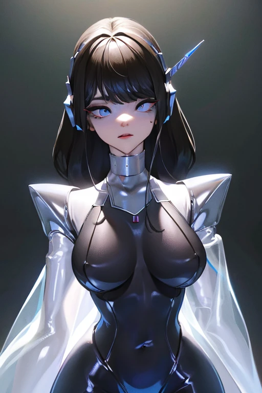 empty eyes,robotized woman ,big bust,Robot Joint ,Metal skin,Black bodysuit