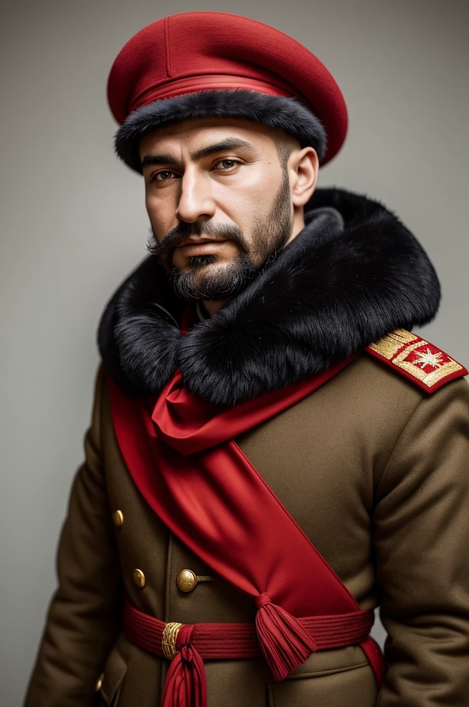 arafed man in a fur hat and a red ribbon, wearing russian ww 1 clothes, roman shipunov, he‘s wearing a red neckerchief, soviet military, vladimir krisetskiy, knyazev konstantin, inspired by Ilya Ostroukhov, inspired by Vladimir Borovikovsky, inspired by Pavel Fedotov