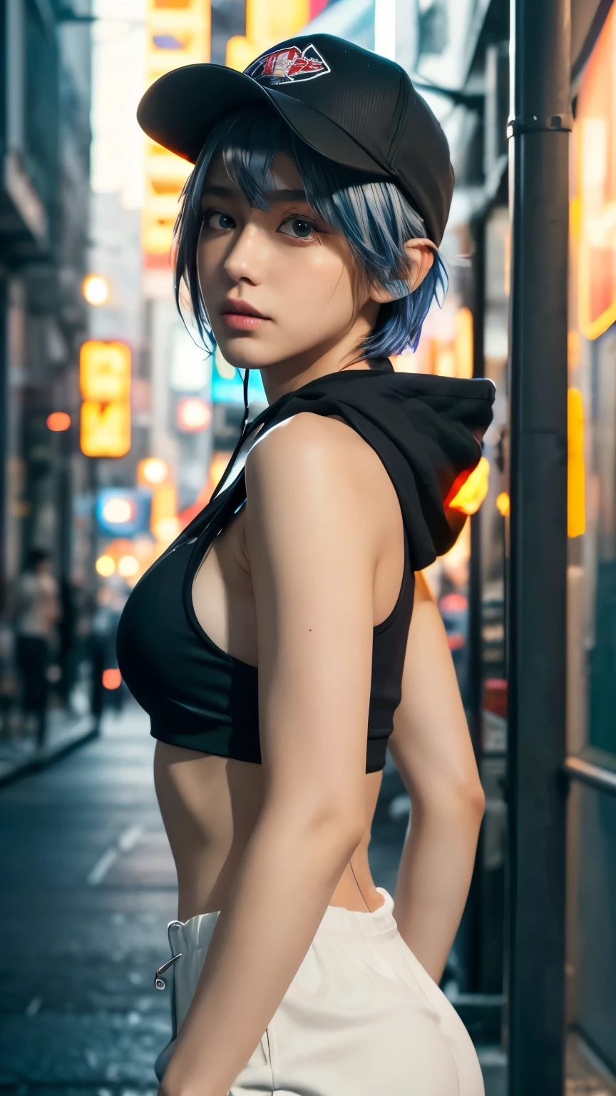 masterpiece, Highest quality, Very detailed, 8k, Realistic, One Girl, alone, Tomboy, Very detailed face, (head shot:1.5), Cyberpunk neon lit futuristic city、Neon lights illuminate the scene, at night, Cyberpunk art, 32K, Ultra HD, Unreal Engine Rendering, Cinematic lighting Standing in front of a wall covered in hip hop graffiti, Pixie cut white hair, He is wearing a short tank top and an open-zipped hoodie.....,I can see your chest,Nice ass,Wear a New Era cap