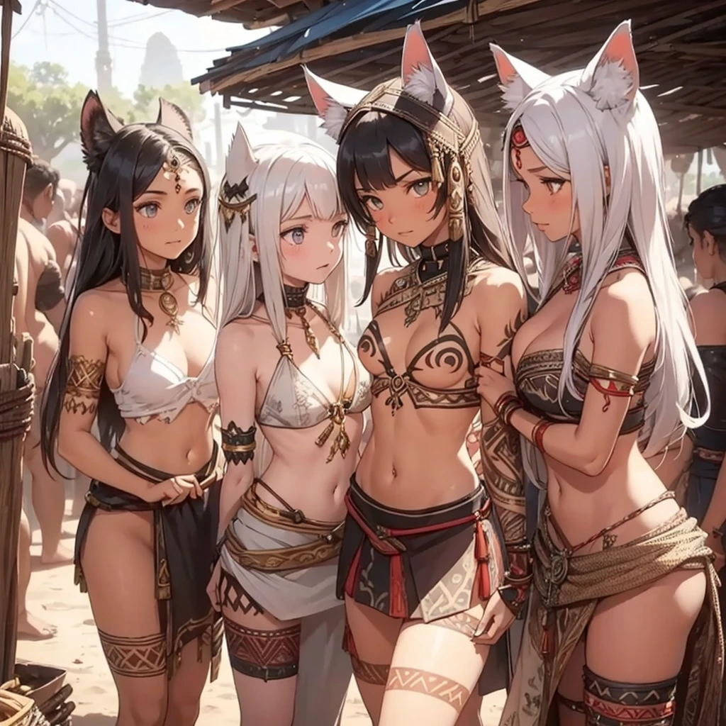 A tribal wild girl warriors being sold in a slave market, hands tied , arab cloting , tribal tattoos, white skin, ,medium size chest neckline, besial features, wolf ears, tribal tattoos, animal skin clothing, animal skin skirt ,