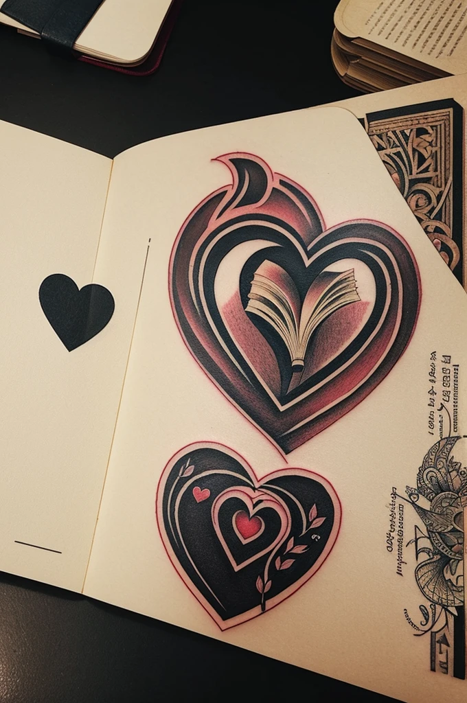 Generate an image for a tattoo of a heart and a book along with a book