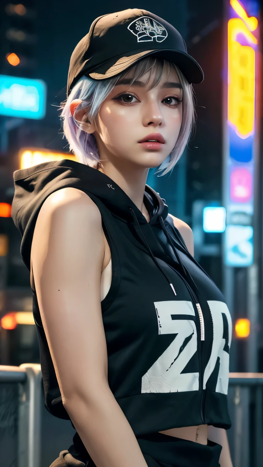 masterpiece, Highest quality, Very detailed, 8k, Realistic, One Girl, alone, Tomboy, Very detailed face, (head shot:1.5), Cyberpunk neon lit futuristic city、Neon lights illuminate the scene, at night, Cyberpunk art, 32K, Ultra HD, Unreal Engine Rendering, Cinematic lighting Standing in front of a wall covered in hip hop graffiti, Pixie cut white hair, He is wearing a short tank top and an open-zipped hoodie.....,I can see your chest,Nice ass,Wear a New Era cap