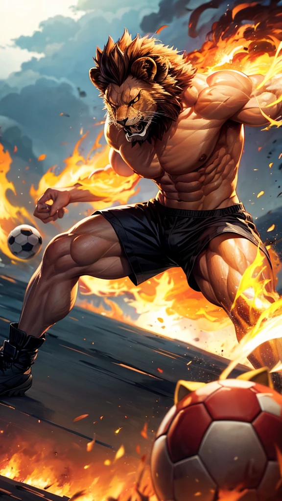 A Muscular man. Scary lion head. Playing soccer. Burning field background.