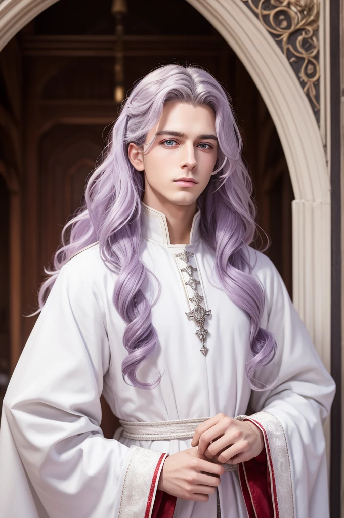 Create the image of a guy with wavy hair and platinum lilac eyes and wearing a white medieval royal outfit with red