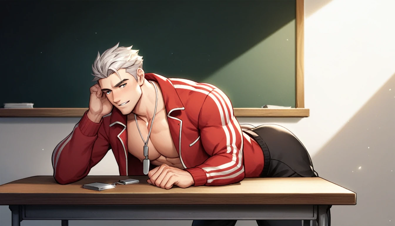 best quality, masterpiece, extremely detailed, handsome muscular bodybuilder man, bends forward with forearms leaning on table in empty classroom, opened red tracksuit jacket, exposed chest, silver whistle on a necklace, tracksuit pants pulled down, big muscular butt exposed, empty blackboard in the background, gay, homoerotic, romantic atmosphere, ambient lighting, extremely dramatic shadows, perfection, no watermark, no logo, no signature