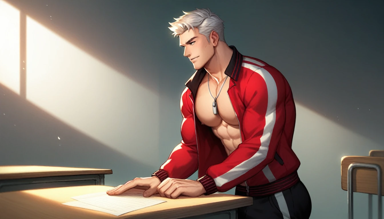 best quality, masterpiece, extremely detailed, handsome muscular bodybuilder man, bends forward with forearms leaning on table in empty classroom, opened red tracksuit jacket, exposed chest, silver whistle on a necklace, tracksuit pants pulled down, big muscular butt exposed, empty blackboard in the background, gay, homoerotic, romantic atmosphere, ambient lighting, extremely dramatic shadows, perfection, no watermark, no logo, no signature