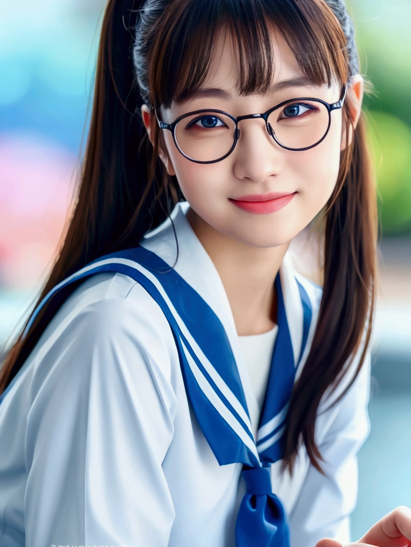 1girl, blue ponytail, side hair, bangs, japanese , high school girl, sailor uniform, blue glasses, portrait, photography, realistic, beautiful girl, beautiful woman, smiling, photogenic, photo by professional photographer, (best quality,4k,8k,highres,masterpiece:1.2),ultra-detailed,(realistic,photorealistic,photo-realistic:1.37),studio lighting,ultra-fine painting,sharp focus,physically-based rendering,extreme detail description,professional,vivid colors,bokeh