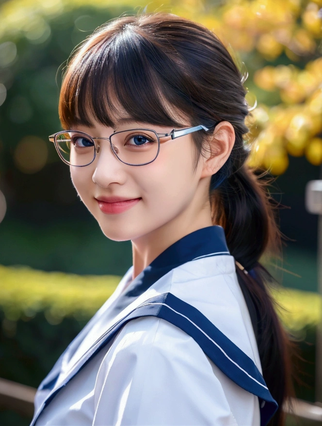 1girl, blue ponytail, side hair, bangs, japanese , high school girl, sailor uniform, blue glasses, portrait, photography, realistic, beautiful girl, beautiful woman, smiling, photogenic, photo by professional photographer, (best quality,4k,8k,highres,masterpiece:1.2),ultra-detailed,(realistic,photorealistic,photo-realistic:1.37),studio lighting,ultra-fine painting,sharp focus,physically-based rendering,extreme detail description,professional,vivid colors,bokeh
