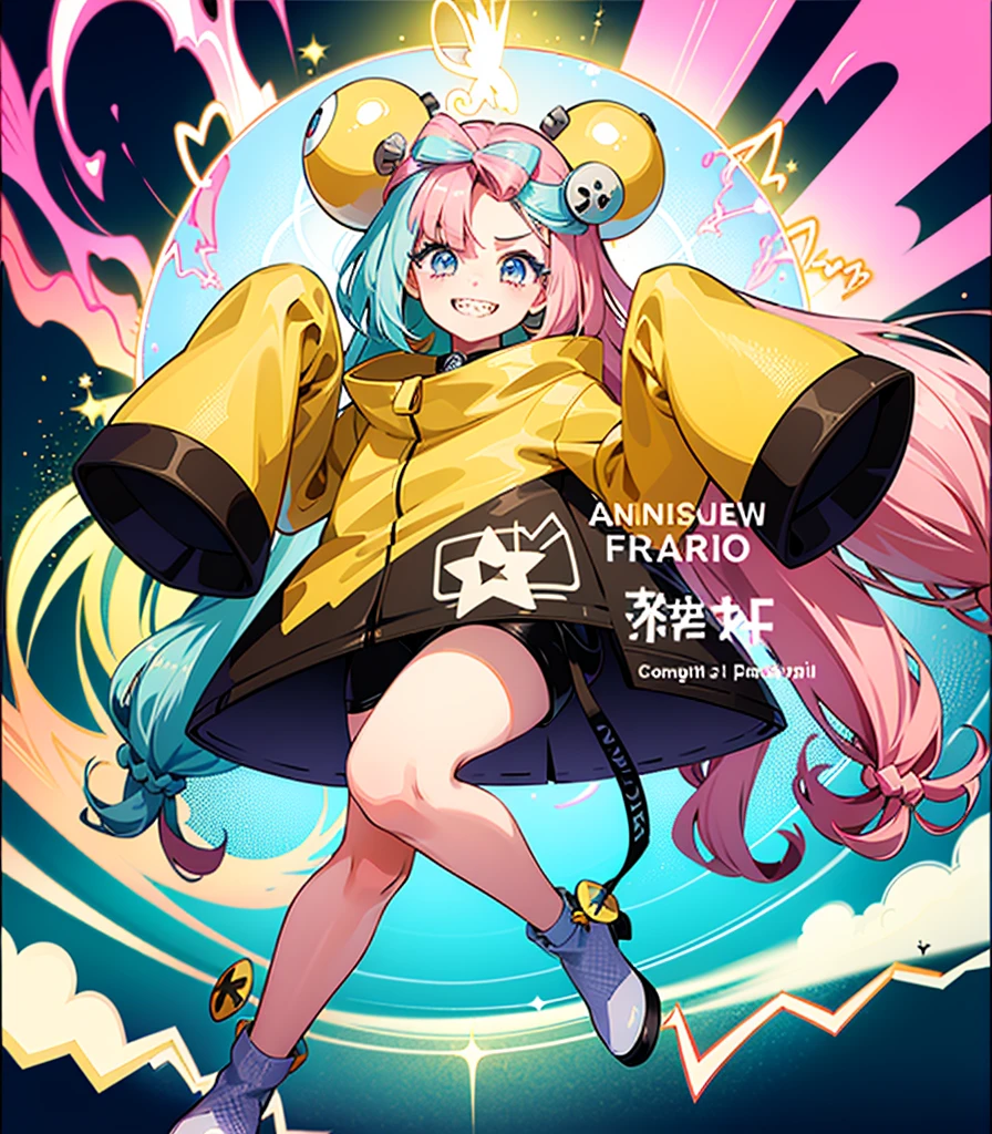 Highest quality、masterpiece、Anime Style、Pink hair and blue eyes、Yellow Jacket、Please raise your right hand、Lower your left hand、Stand only on your right foot、Raise your left leg。Sharp teeth、smile、White Background,Nanjamo,No text