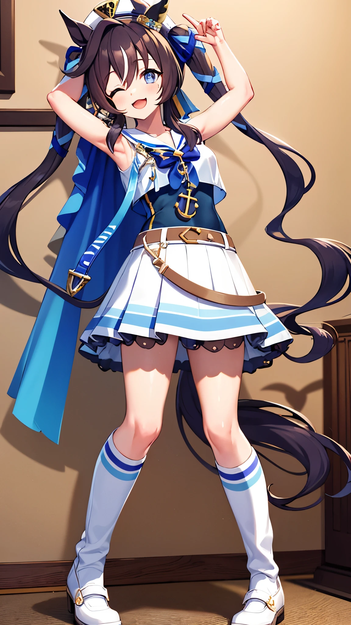 masterpiece, Highest quality, detailed, highly detailed, ultra detailed, Viblos \(umamusume\), Horse tail, Have, White sailor collar, Exposing shoulders, Blue Ribbon, small cape, strap, Anchor decoration, Body stockings, belt, Bare knees, White pleated skirt, White boots, smile, Raise your arms, Underarm,