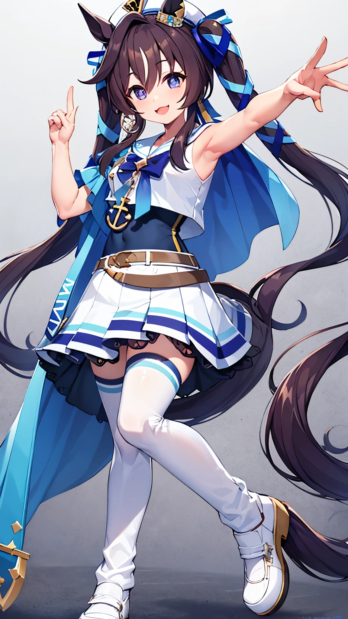 masterpiece, Highest quality, detailed, highly detailed, ultra detailed, Viblos \(umamusume\), Horse tail, Have, White sailor collar, Exposing shoulders, Blue Ribbon, small cape, strap, Anchor decoration, Body stockings, belt, Bare knees, White pleated skirt, White boots, smile, Raise your arms, Underarm,