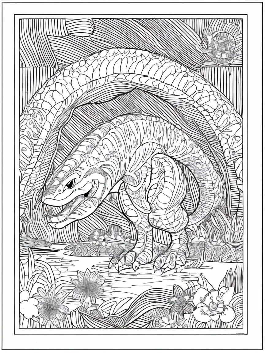 [As a coloring book, white and black color, borders should be simple, clear, distinct, and thick lines], [By Cartoon Style of dinosaur], [Feature], [Place], [Flower] --ar 3:4 --s 150
