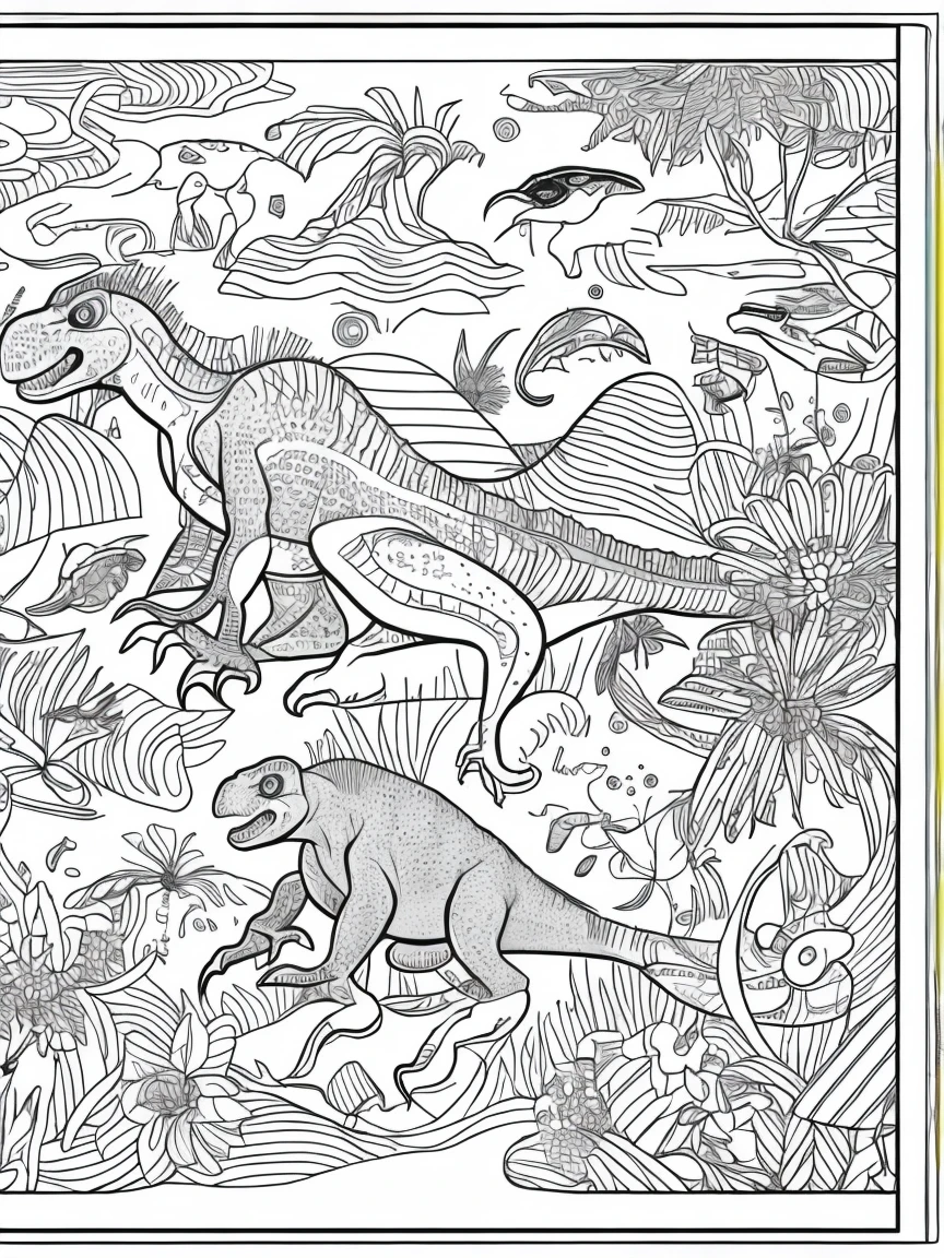 [As a coloring book, white and black color, borders should be simple, clear, distinct, and thick lines], [By Cartoon Style of dinosaur], [Feature], [Place], [Flower] --ar 3:4 --s 150
