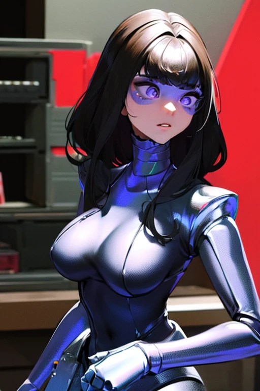 empty eyes,robotized woman ,big bust,Robot Joint ,Metal skin,Black bodysuit