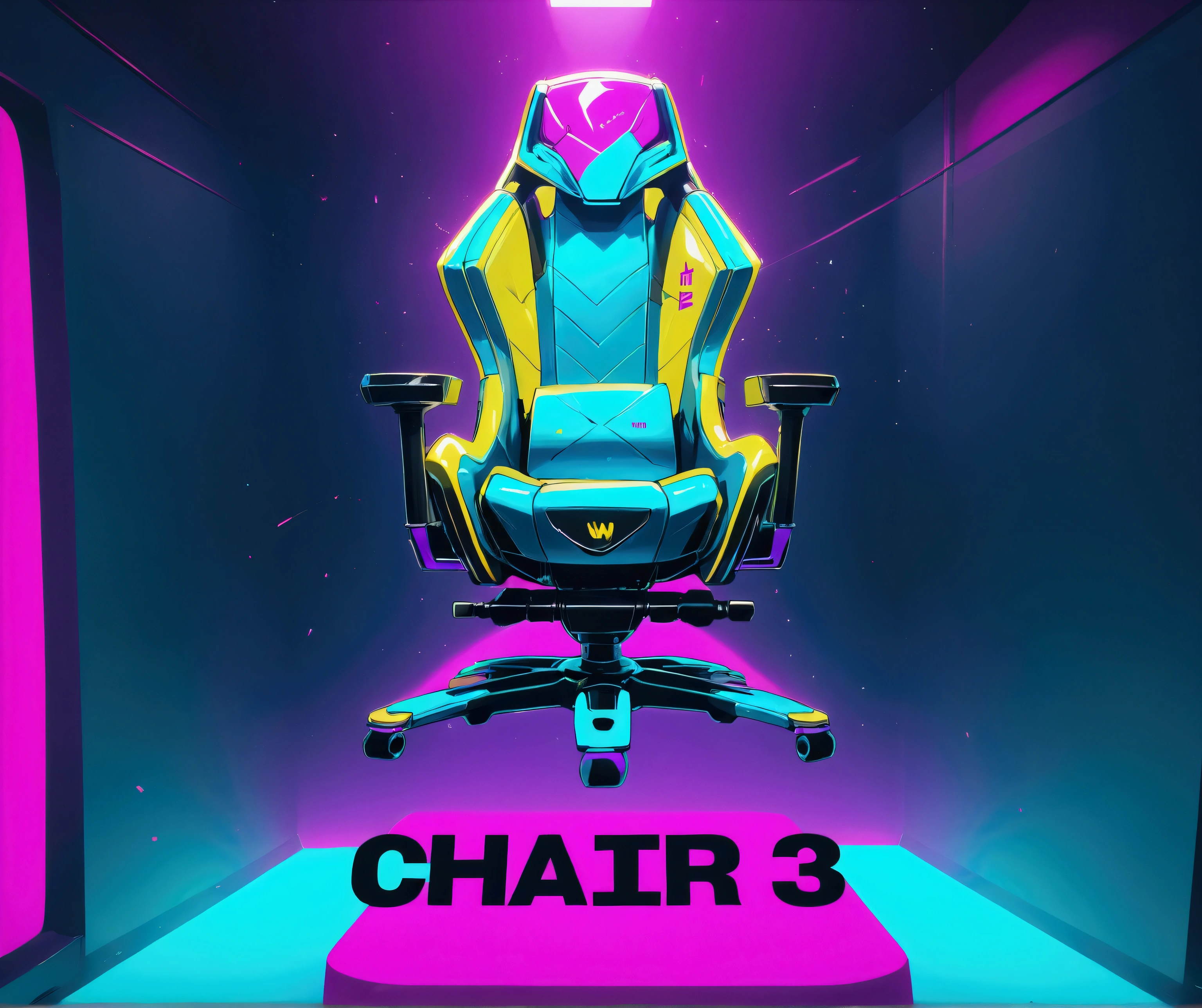 a close up of a chair with a colorful background and a text underneath it, chair, gaming chair, gaming chair as a toilet, chairs, cr3, borderlands 3 style, maximalist vaporwave, throne, stylized 3 d, single chair, frostbite 3 rendered, sitting on chair, fortnite art style, seated, ( ( ( synthwave ) ) )