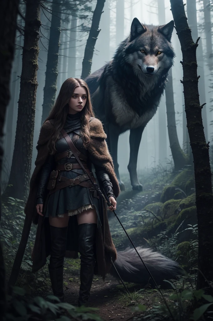 "Create a scene of a young huntress, Feyre, in a dense, dark forest, aiming her bow at a large, menacing wolf with glowing eyes. The forest should have towering, ancient trees, shrouded in mist, with an eerie and magical atmosphere. Feyre should look determined, dressed in rugged, practical clothing for hunting, and the wolf should appear imposing and otherworldly