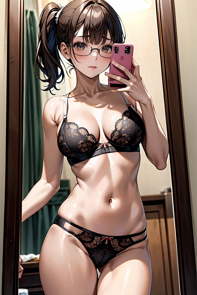 (masterpiece, best quality, perfect anatomy:1.1), a woman wearing a lingerie taking a photo of her self in a mirror,phone,japanese 1girl,独奏,23 years old,black ponytail,pattun,bluntbangs,round face,drooping eyes,brown eyes,(blush :1.2),Angle from below,独奏, Big Breasts,circle glasses, sink, mirror,fitting room, Selfie, cellphone, navel, reflection, ((printed white cotton bra and panties)),uniform,shirtlift,