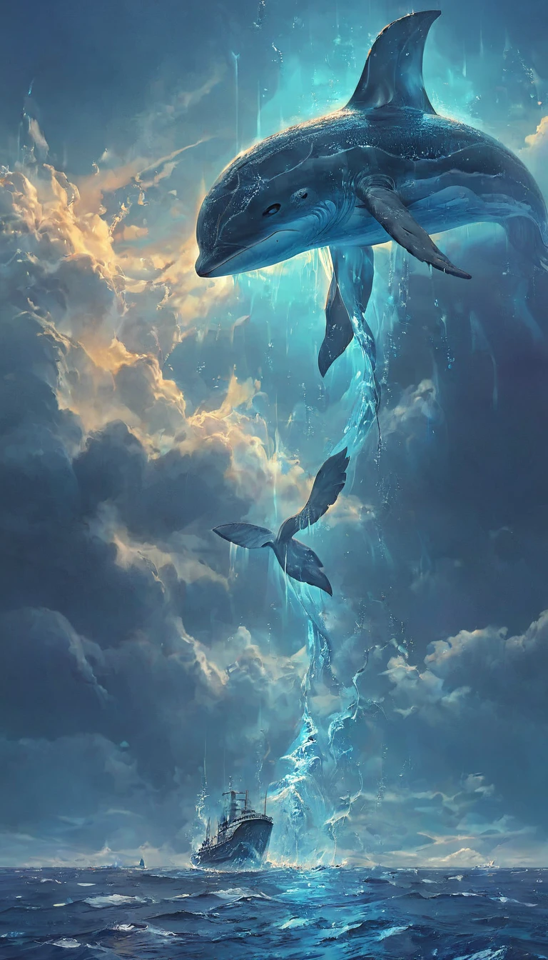 a flying whale, giant blue whale, underwater scene, deep ocean, bioluminescent glowing, ethereal atmosphere, glowing blue whale, majestic ocean creature, surreal fantasy, magical realism, dreamlike landscape, (best quality,4k,8k,highres,masterpiece:1.2),ultra-detailed,(realistic,photorealistic,photo-realistic:1.37),HDR,UHD,studio lighting,extremely detailed whale anatomy,extremely detailed ocean environment,vibrant blue and green colors,dramatic lighting,cinematic composition