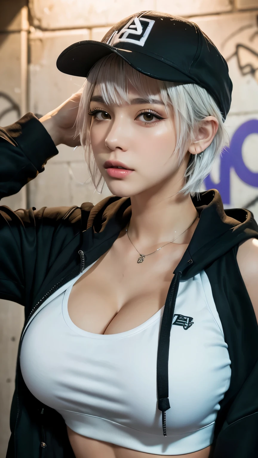 masterpiece, Highest quality, Very detailed, 8k, Realistic, One Girl, alone, Tomboy, Very detailed face, (head shot:1.5), Standing in front of a wall covered in hip hop graffiti, Cyberpunk neon cityscape,Pixie cut white hair, She is wearing a short neon tank top and an open hoodie....,I can see your chest,Nice ass,Wear a New Era cap