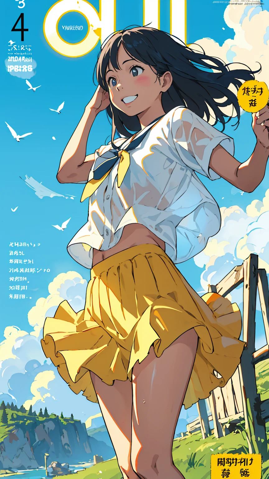 Reasonable design, Clear lines, High Sharpness, (Highest quality,4K,Perfect sharpness,Ultra-fine,High resolution,masterpiece:1.2), Perfect Anatomy:1.5, Official Art, Illustrations that tell a story, (Whitish background:0. 9)、Body Positivity、Diverse physical expressions、((Random and energetic poses))、Perfect beauty、Perfect beautiful face、(Strong winds)、Rich expressiveness、Dynamic configuration、smile、Golden ratio composition、colorful、((Different angles and perspectives))、Anime Drawing Skirt、(Overcoming stereotypes)、 Glowing Skin、(Natural Beauty)、bangs、Straight hair、(Soft and flowing hair)、(countryside)、(Nostalgic atmosphere)、Put it on your feet、(Playful and easygoing)、(diverse characters)、(Graceful posture)、(Sunny atmosphere)、(Bright colors)、Inserted up to the thighs、Skirt fluttering in the wind、Angle from above、Cheerful girl、Weekly magazine cover、