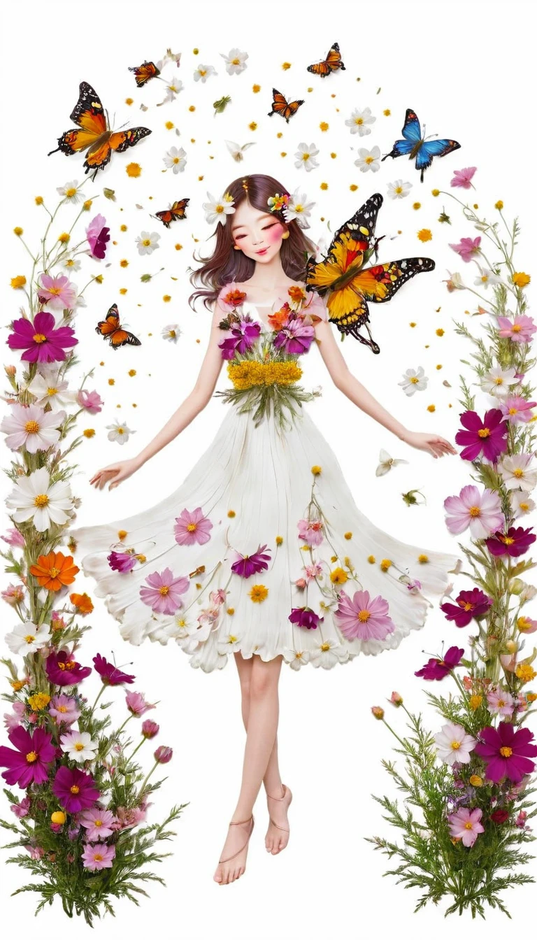 Fall Leaf Crafts, Girl made of flowers, Cosmos flower、butterfly、Portraiture, White Background、