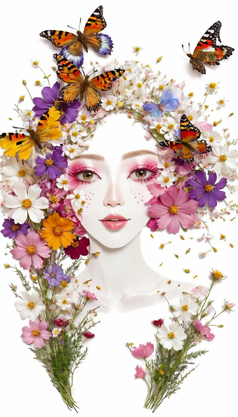 Fall Leaf Crafts, Girl made of flowers, Cosmos flower、butterfly、Portraiture, White Background、