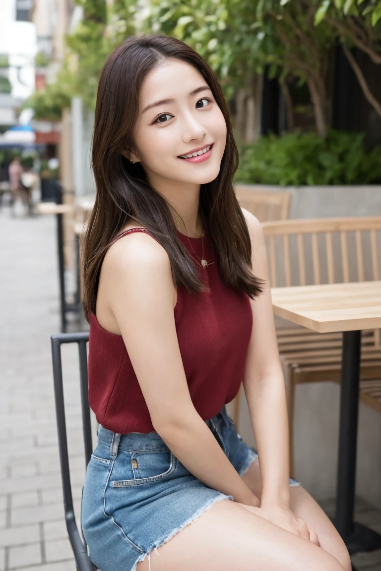Create an image of a young woman named Iroha, focusing on her long, slender legs and slightly plump thighs. Iroha is 23 years old with shoulder-length hair that has soft curls, resembling Satomi Ishihara, giving her a cute and approachable look. She has a healthy and fit body with a natural glow to her skin. Her appearance is both cute and modest, with a hint of seductive charm.
In this image, Iroha is wearing a tight pair of denim shorts that accentuate her long, slender legs and slightly plump, toned thighs. She is sitting on a chair in a stylish outdoor cafe with one leg crossed over the other, highlighting the smooth and toned skin of her thighs. Her posture is graceful, with her back straight and her head slightly tilted as she smiles warmly. Her large, inviting eyes and warm smile reflect her cheerful and bubbly personality. She is also wearing a sleeveless top, which complements her casual yet stylish look.
The background is a charming outdoor cafe with plants and cozy seating, creating a relaxed and pleasant atmosphere. The lighting should accentuate the natural glow of her skin and the delicate features of her legs and thighs. Capture the essence of her youthful beauty and the graceful elegance of her long, slender legs and slightly plump thighs in this detailed image.
