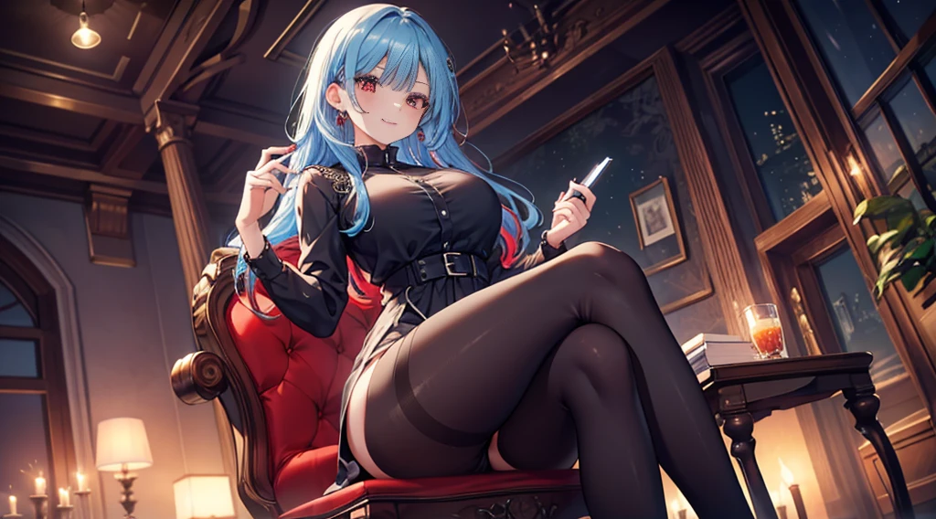 Highest quality, masterpiece, figure, wallpaper,One girl,Black Shirt, Light Hair, Beautiful detailed girl, Highly detailed eyes and face, Beautiful attention to detail, Shine,Browsing Caution, View your viewers, Chair, night, Black Pantyhose, Straight hair, Red Eyes, Semi-long hair,Light blue hair, thick_Thighs, Large Breasts, Red eyes,beautiful finger, clear background, deep night, sit、smile、Big earrings、bracelet、Gal、candle、Manicure