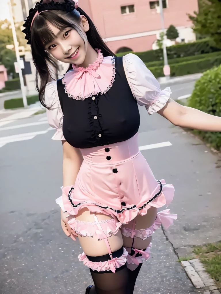 Highest quality、masterpiece、8k、Very detailed、Realistic、(One girl)、(Looking at me with a smile:1.5)、whole body、(Black Hair)、Small face、(Slender:1.2)、(Big Breasts:1.2)、(Pink shirt with buttons and a ruffled collar:1.2)、(Pink short skirt with frills:1.2)、(Black thigh-high socks)、(Black garter belt)