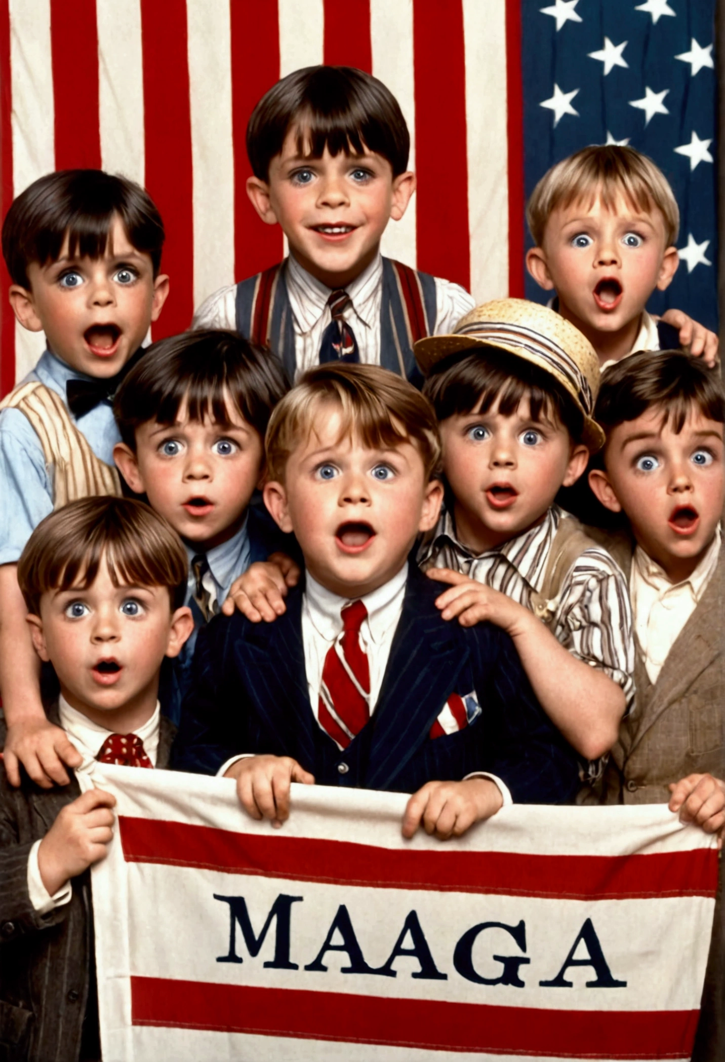 Classic TV, the little rascals, playfully hold up a MAGA banner, An american flag in the background