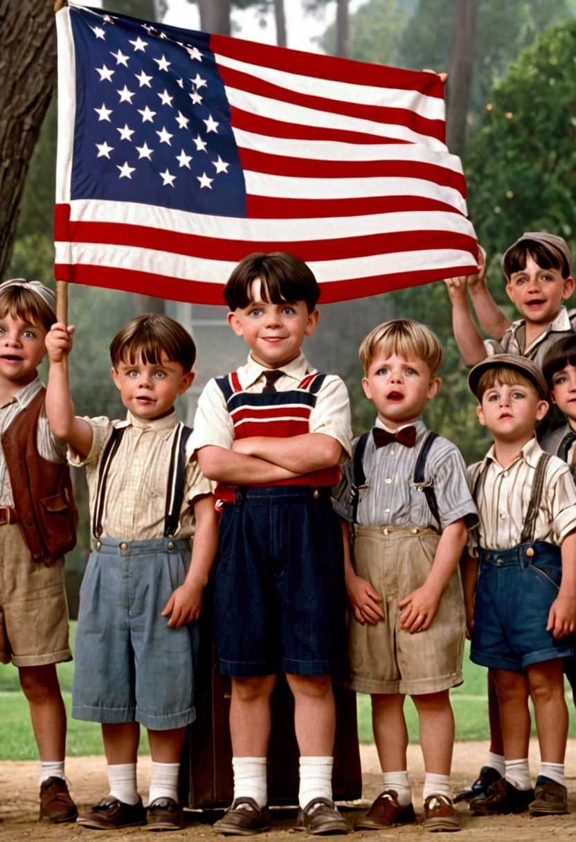 Classic TV, the little rascals, playfully hold up a MAGA banner, An american flag in the background